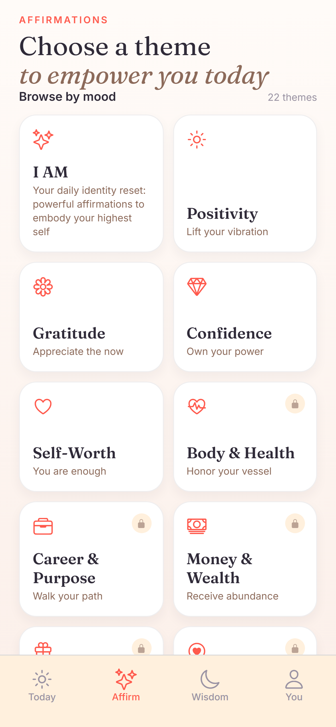 Embody's affirmation themes, browse 22 categories by mood