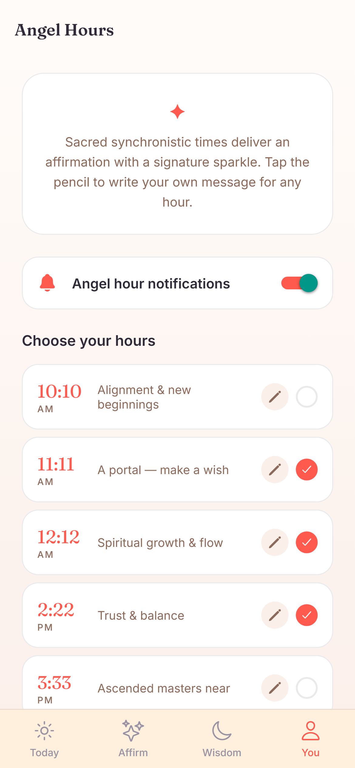 Embody's Angel Hours screen with editable messages for 11:11, 2:22 and more