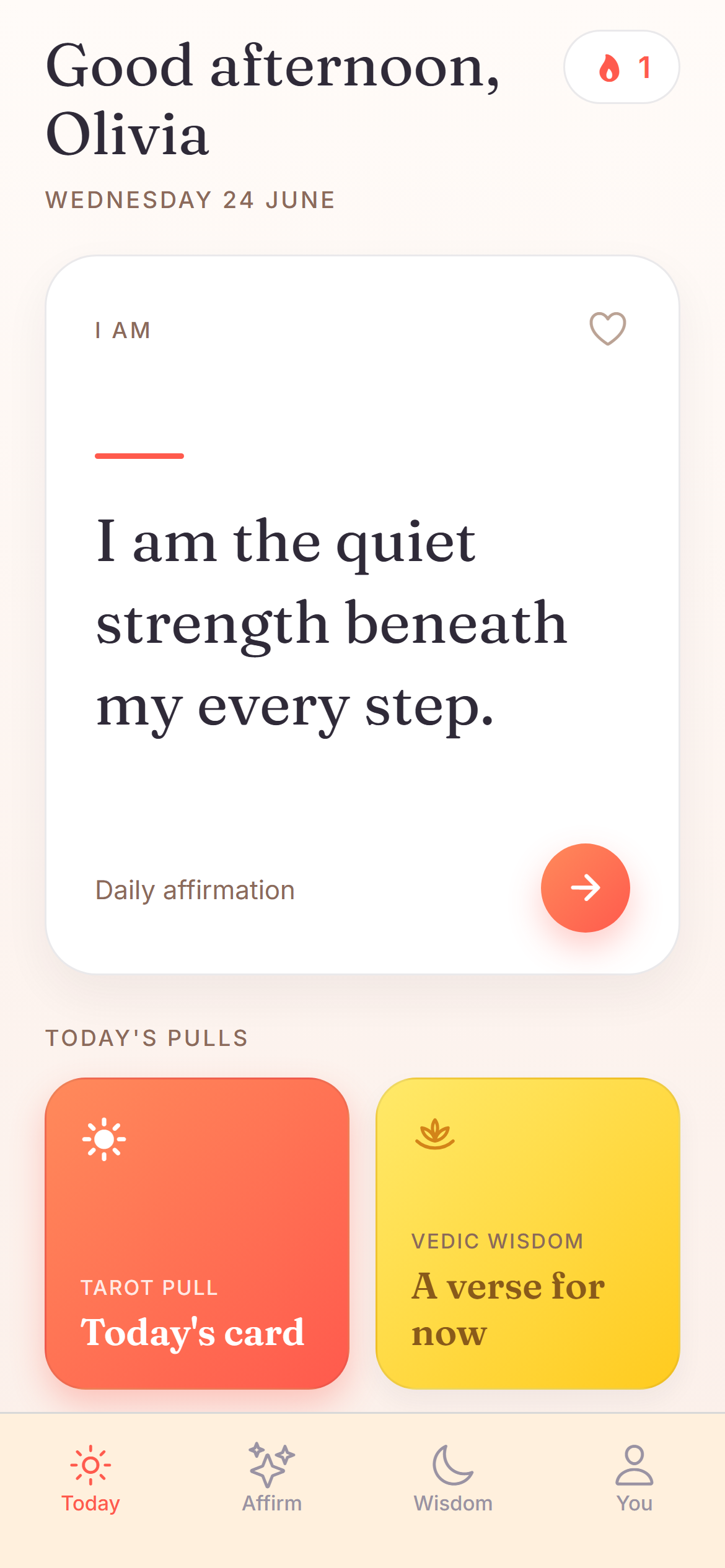 Embody's Today screen with the affirmation of the day
