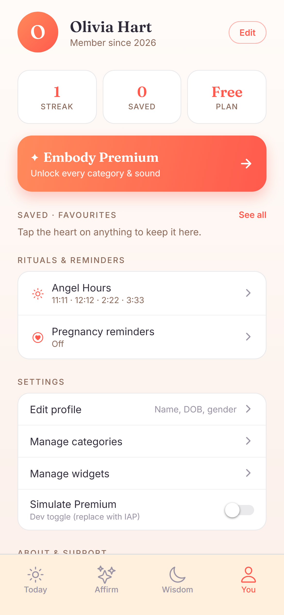 Embody's profile and rituals screen