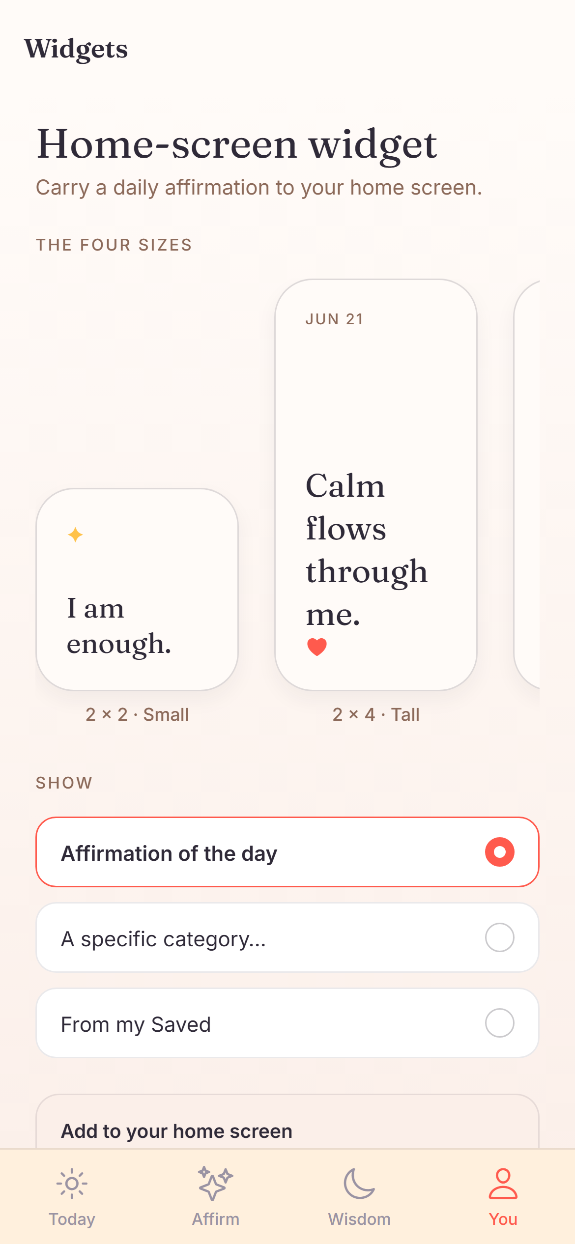 Embody's home-screen widget setup in four sizes