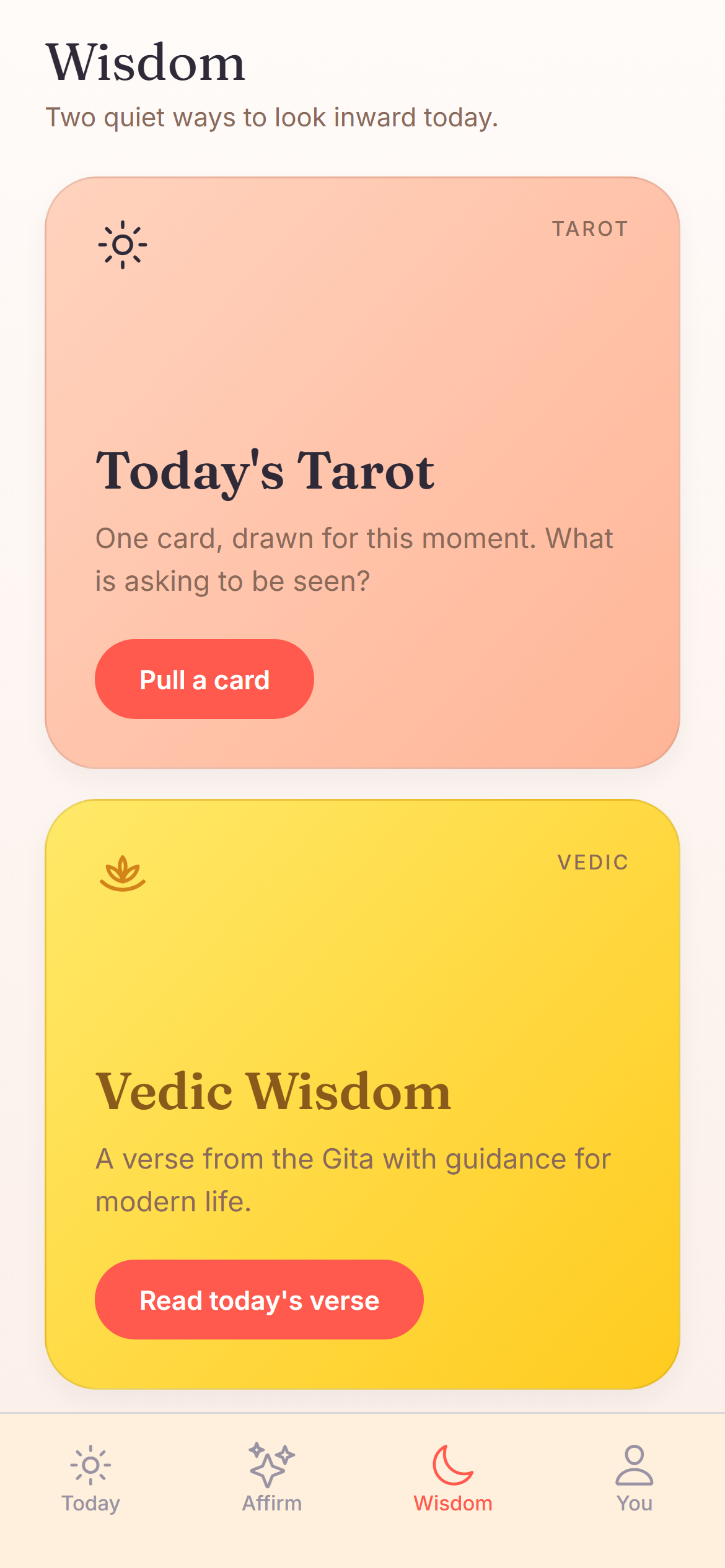 Embody's Wisdom hub with daily Tarot and Vedic verse