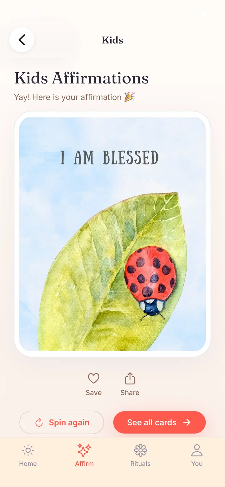 A kids affirmation card revealed