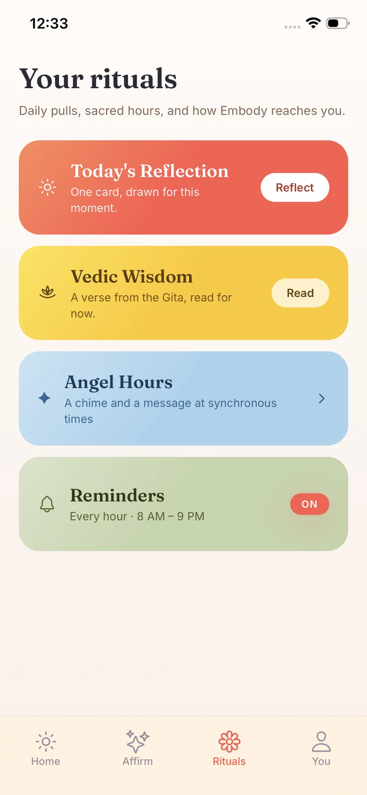 The Embody rituals screen, showing angel-hour reminders through the day