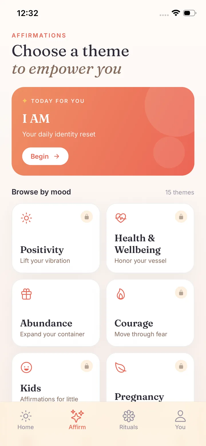 The Embody theme picker, showing affirmation themes to choose from