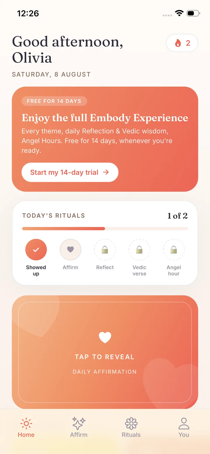 The Embody home screen, showing today's rituals and the daily affirmation card